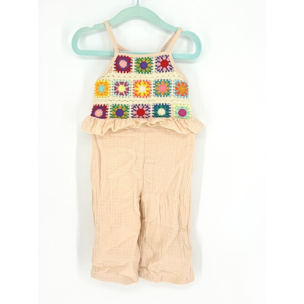 Baby Boho Crochet Granny Square One Piece Romper Hippie Granola Size 9-12M